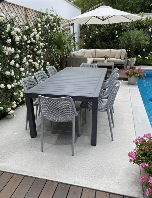 שולחן אלומיניום נפתח דגם הילה צבע אפור 104X230X345 עם 8 כאסות דגם לימסול